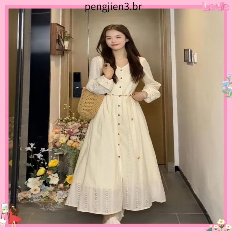 Francês oco bordado vestido de manga comprida feminino outono 2 025 novo estilo elegante cintura estreita rendas High-En