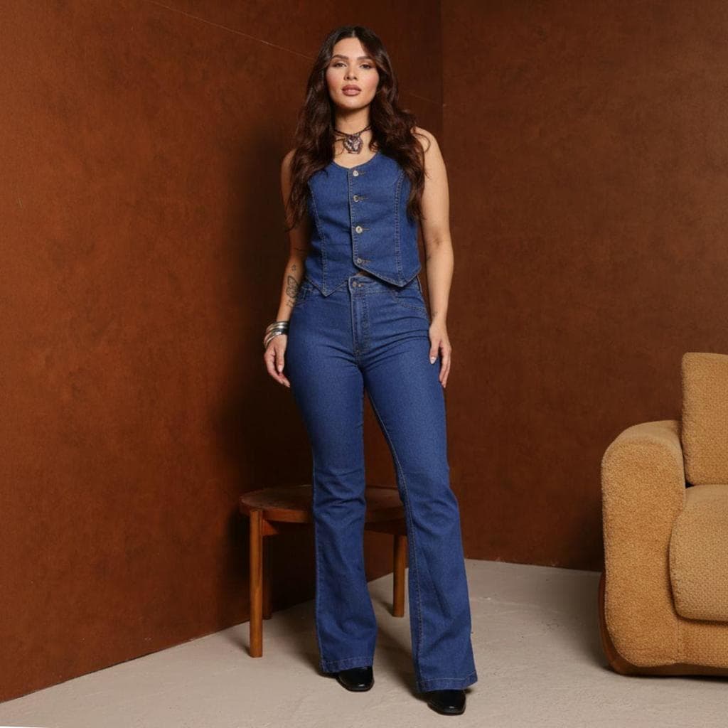Conjunto Calça Flare Colete Jeans Premium Feminino Cintura alta Laycra Moderno Moda Elegante Botões