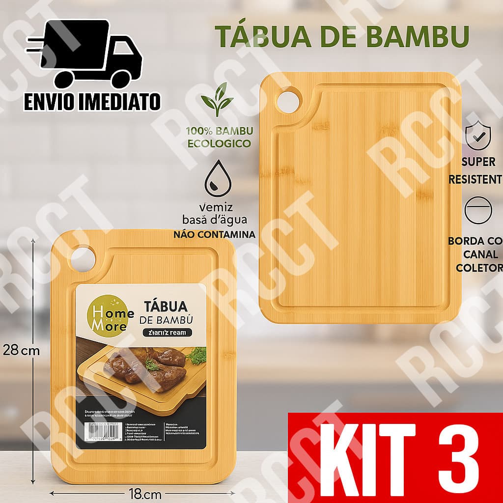 Kit 3 Tábua de Corte Ecológica de Bambu para Cozinha e Churrasco Resistente e Natural