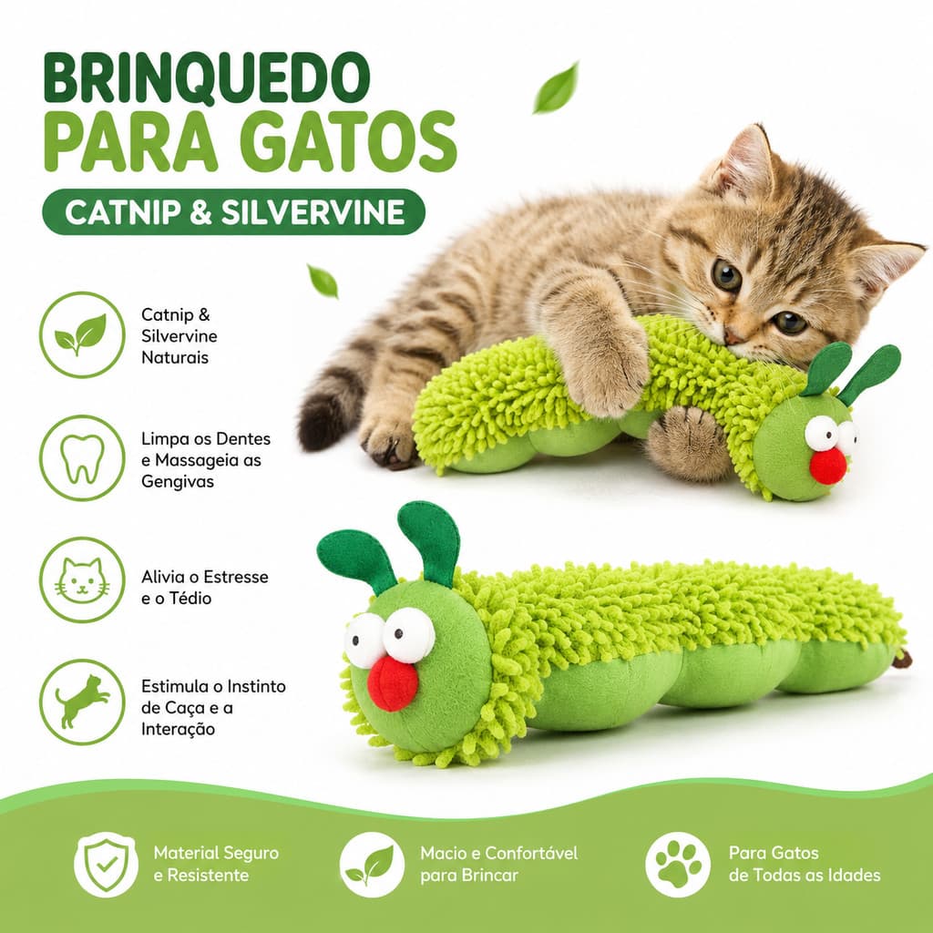Brinquedo Gato Catnip Silvervine Lagarta Mordedor Molar Interativo Limpeza Dental para Gatinhos