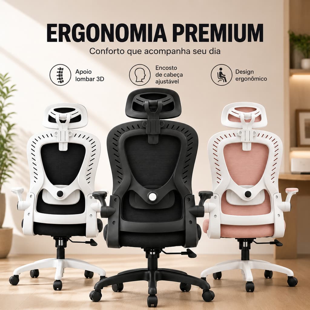 Poltrona de Escritório Home Office Tela Mesh Apoio Lombar Braços Dobráveis Assento 6cm 3 Cores