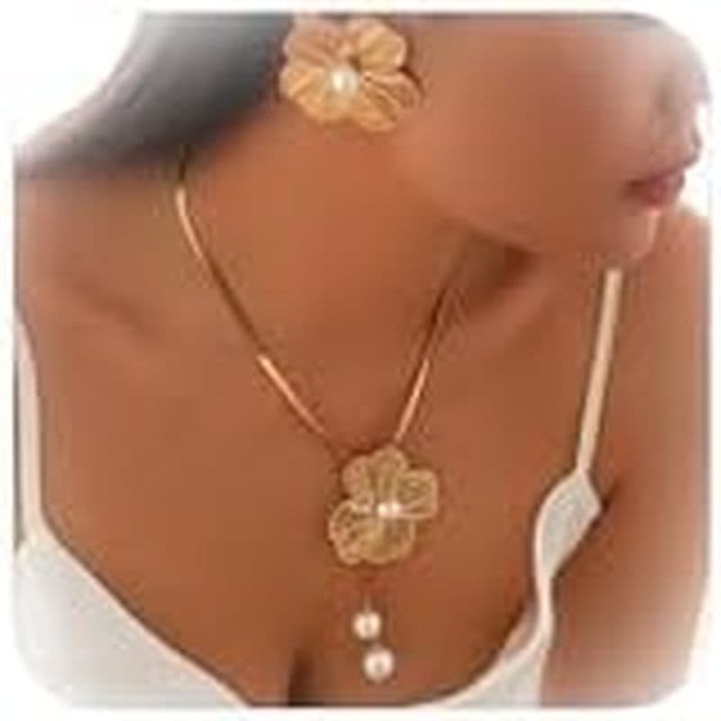 Conjunto De Brincos De Colar De Hibisco Dourado Para Mulheres , Grandes De Flor Duplo , Com Pingente Em Camadas De Ouro
