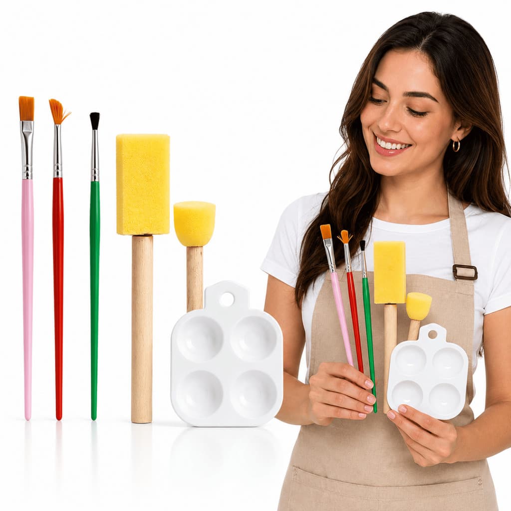 Kit Pintura Artesanato Pincéis Batedor Esponja Godê Paleta 6 Peças Madeira MDF Stencil Tinta Acrílica Aquarela