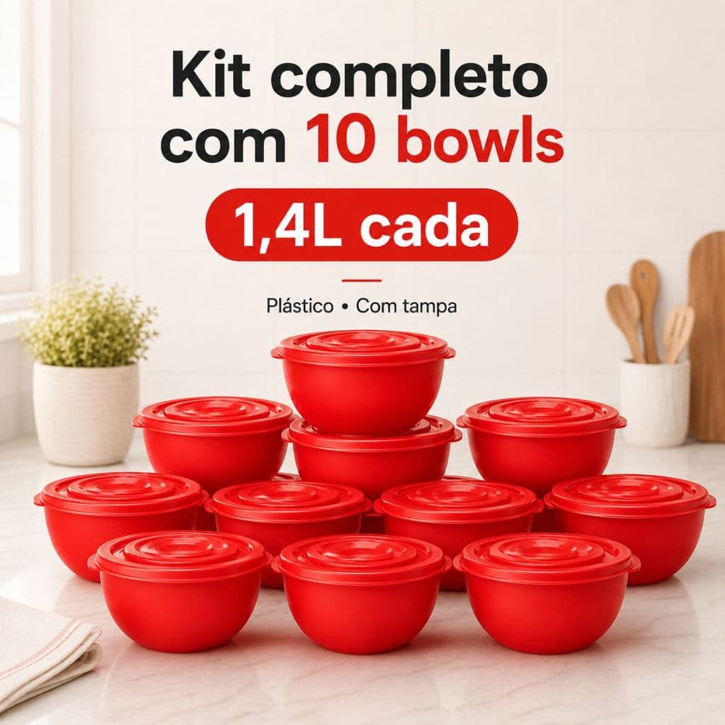 Kit 3 Bowls com Tampa 750ml 1,4L e 5L Potes Plásticos Vermelhos