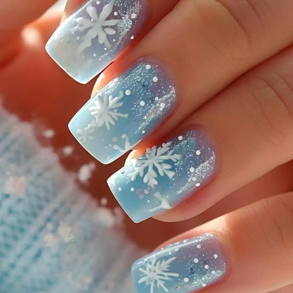Unhas Postiças de Natal Quadradas - Azul Médio com Flocos de Neve - Unhas Falsas Brilhantes com Glitter para Manicure de