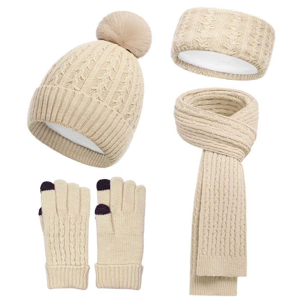 Conjunto de 4 Peças de Inverno Unissex para Adultos: Gorro de Tricô, Cachecol, Luvas com Tela Sensível ao Toque e Faixa