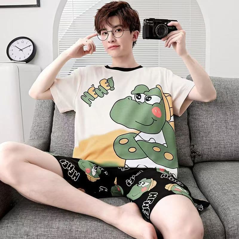 [JTZ] Pijama solto masculino com estampa Pikachu de desenho animado fofo, pijama masculino de algodão puro de manga curt