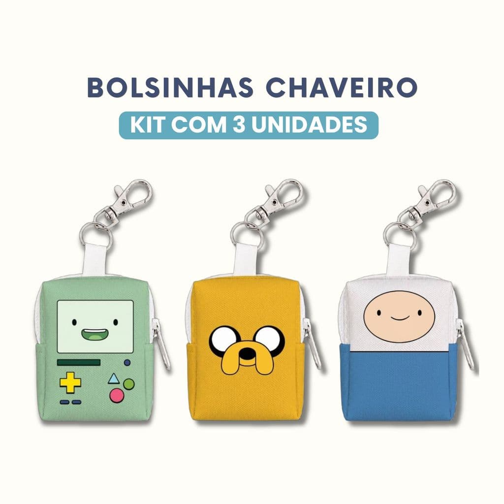 Kit 3 Bolsinhas Mini Necessaire Porta Moedas Chaveiro Hora de Aventura Finn Jake BMO