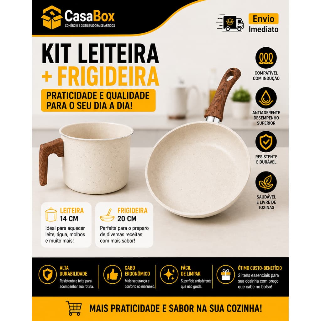 Kit Frigideira 20cm e Leiteira 14cm Cerâmica Antiaderente Indução Cabo Antitérmico Multiuso