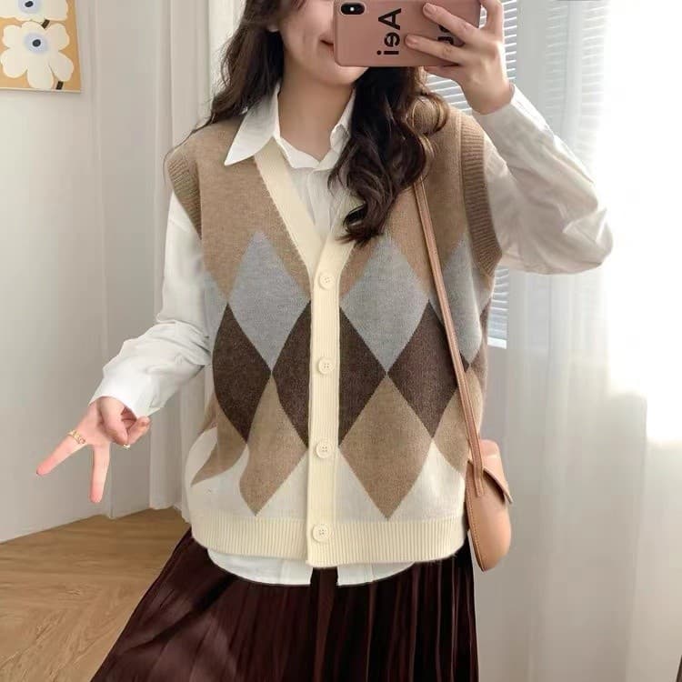 Início do outono versão coreana nicho Design losango contraste cor solta All-Match com decote em v Cardigan colete camis