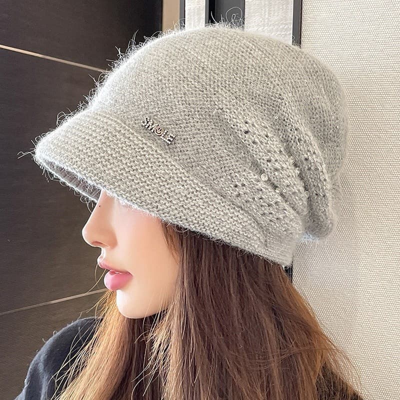 Chapéu de Cashmere de Dupla Camada Elegante e Versátil para Mulheres, Chapéu de Malha Moderno com Pompom de Pelo de Coel