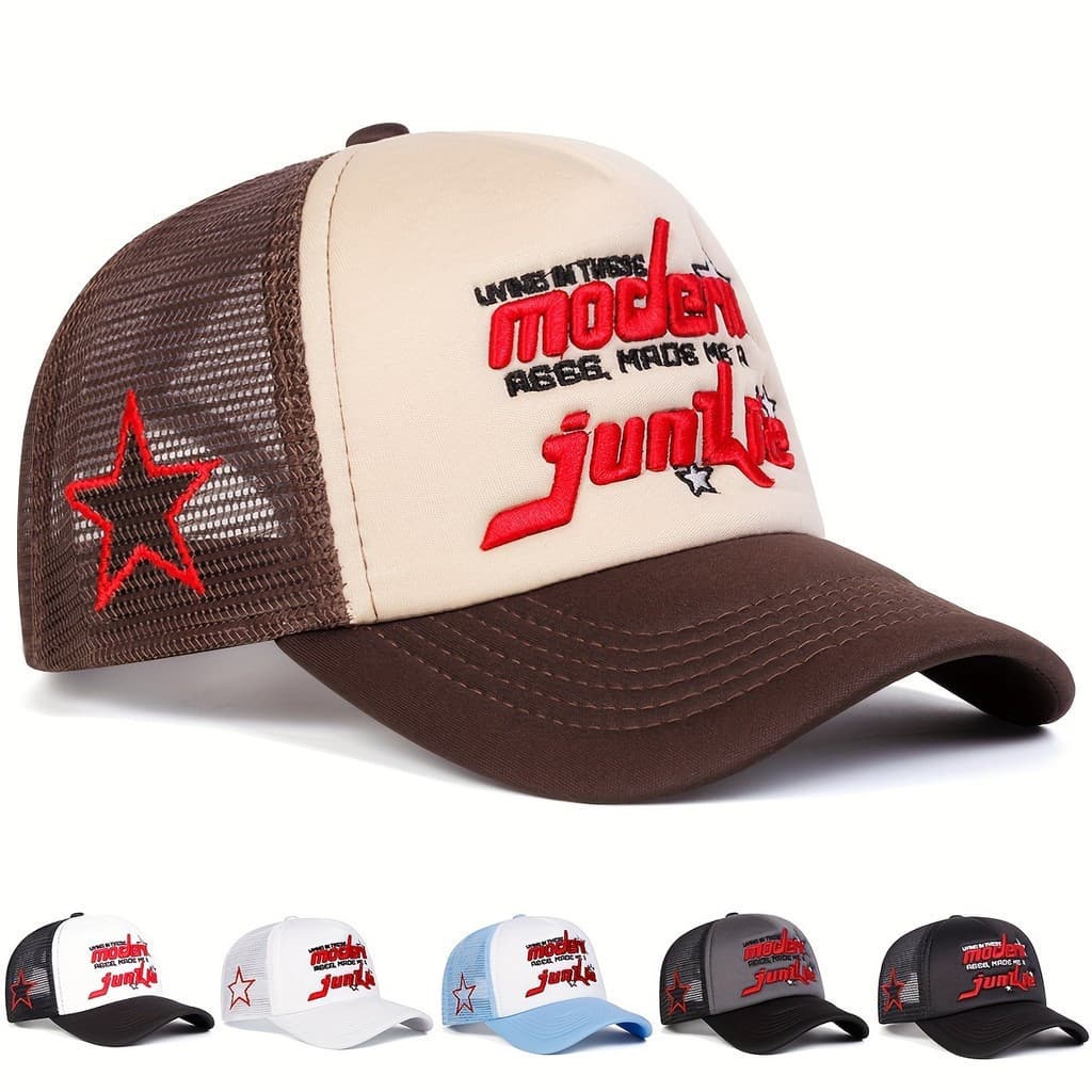 Boné de Beisebol Masculino Modern Junkie de Cinco Painéis, Boné Trucker de Verão, Boné de Malha para Proteção Solar ao A