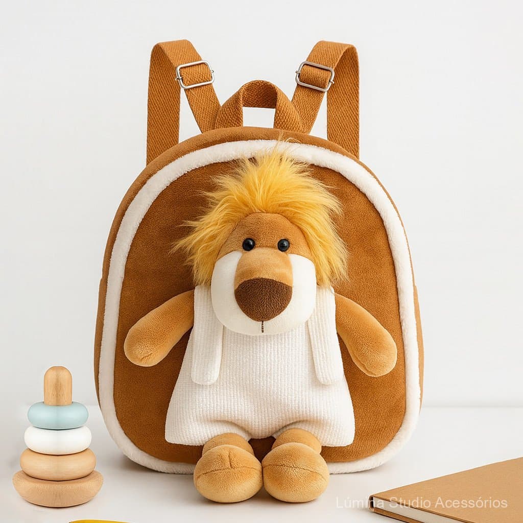Nova mochila de pelúcia em formato de leãozinho para crianças, mochila pequena e adorável em estilo cartoon para bebês,