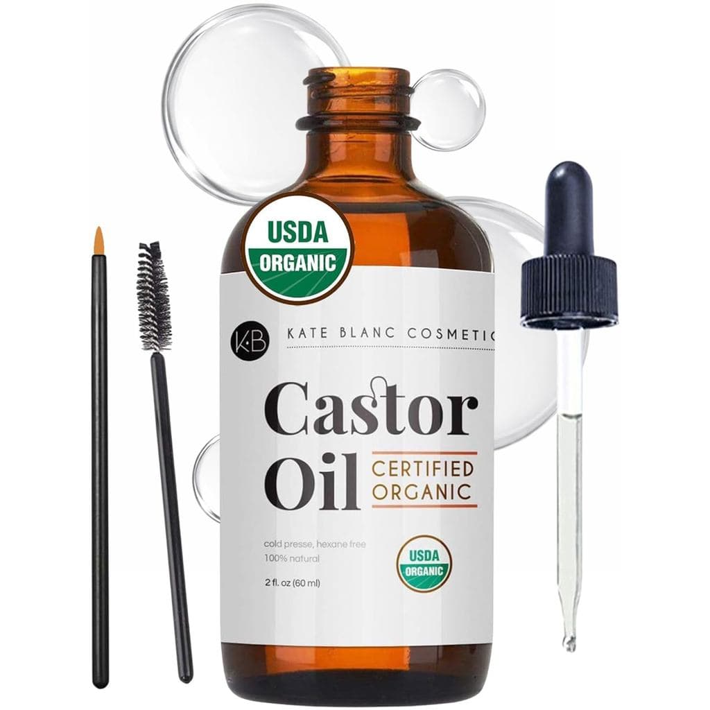 Óleo de Rícino Orgânico Kate Blanc Cosmetics para Cabelo, Cílios, Rosto e Pele (2oz) |   Óleo Capilar 100% Puro, Prensad