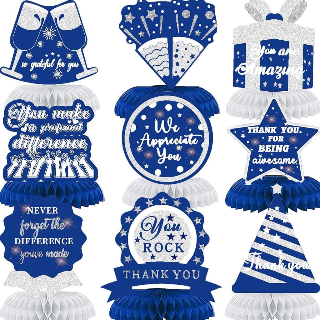 9 Peças de Decorações de Mesa em Forma de Favo de Mel com Glitter Azul e Prata, Agradecimento para Professores, Médicos,