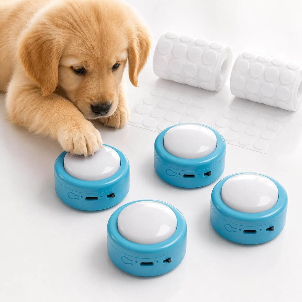 Conjunto de 4 Pequenos Botões de Gravação de Voz, Gravador Sonoro e Claro para Comunicação com Cães e Gatos, Buzzer Azul