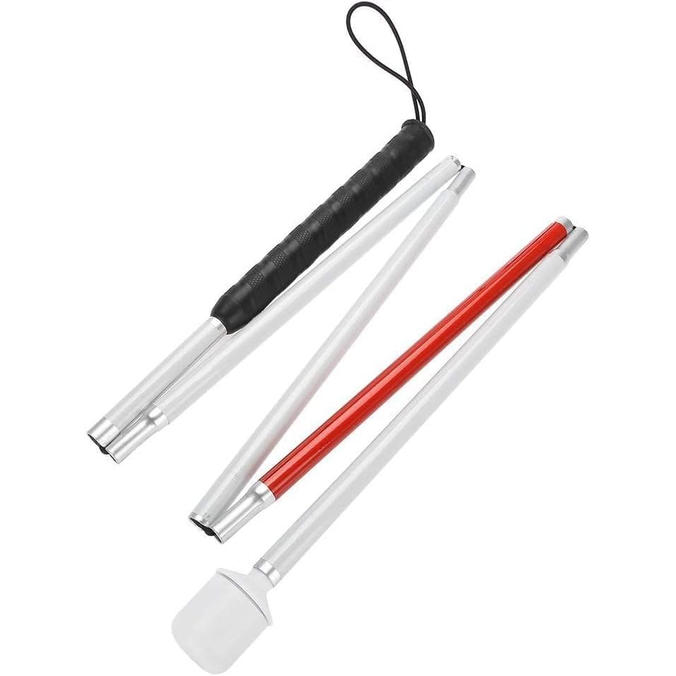 Bastão Dobrável para Cegos, Bastão Branco de Alumínio com 4 Dobramentos para Cegos com Fita Refletiva Vermelha, Cabo Pre