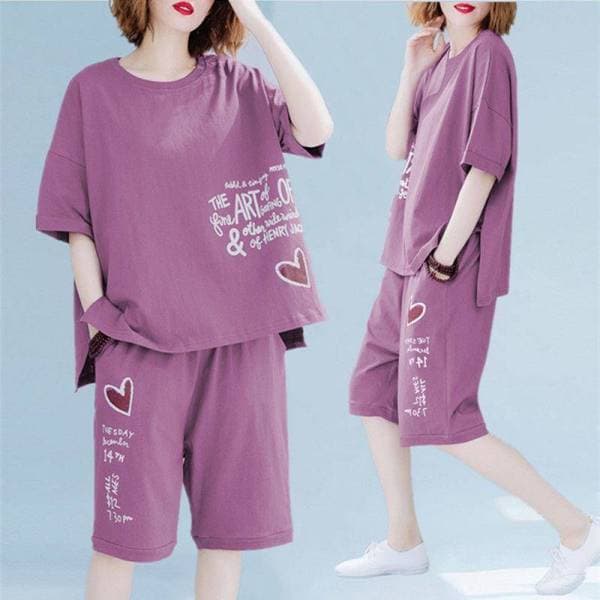 Plus Size feminino verão novo estilo de manga curta camiseta mais magro olhar solto terno Casual terno de duas peças