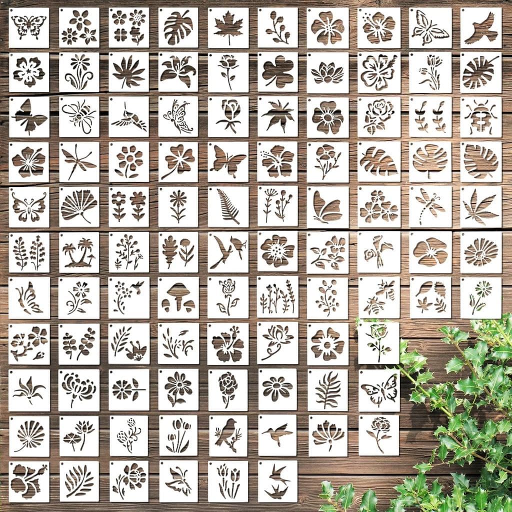 100 Peças de Estênceis Pequenos para Pintura, Estênceis Mini Reutilizáveis de 2 x 2 Polegadas para Artesanato, Pintura e