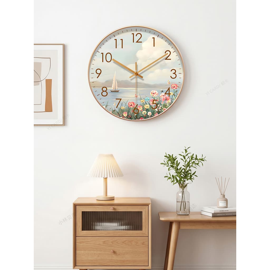 Nordic pequeno fresco onda de rádio relógio parede sala estar quarto mudo 2026 novo estilo relógio quartzo flor mar vist