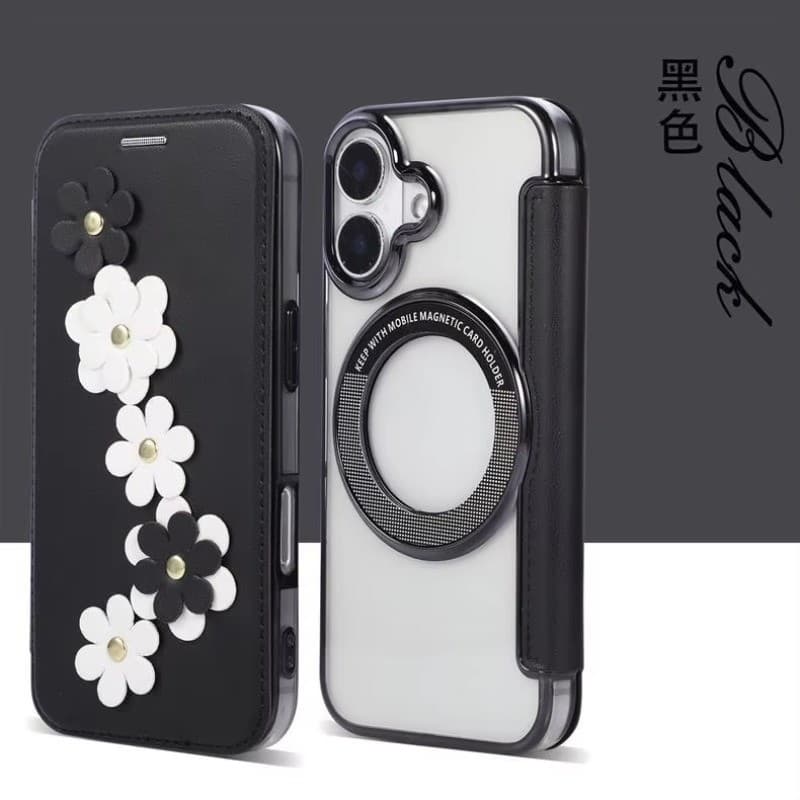 Capa Carteira De Couro Flor 3D Para iPhone 17 Pro Max 16 Plus Air 15 14 13 12 18 Carregamento Sem Fio Galvanizado TPU Tr