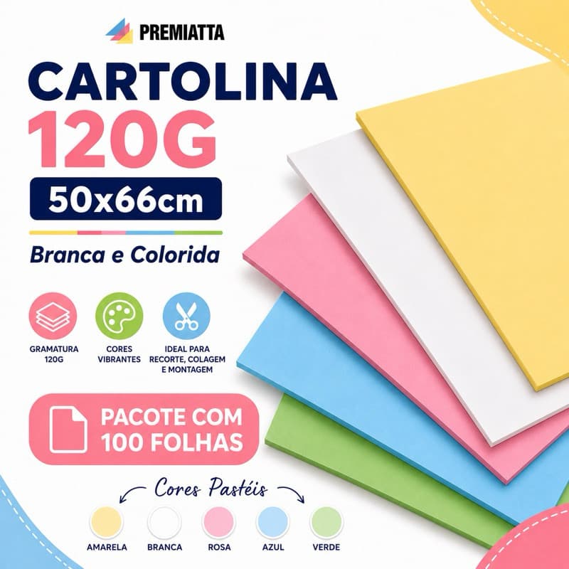 Papel Cartolina 120g 50x66cm Pacote com 100 Folhas Dupla Face Escolha a Cor para Artesanato Escola Recorte Artes