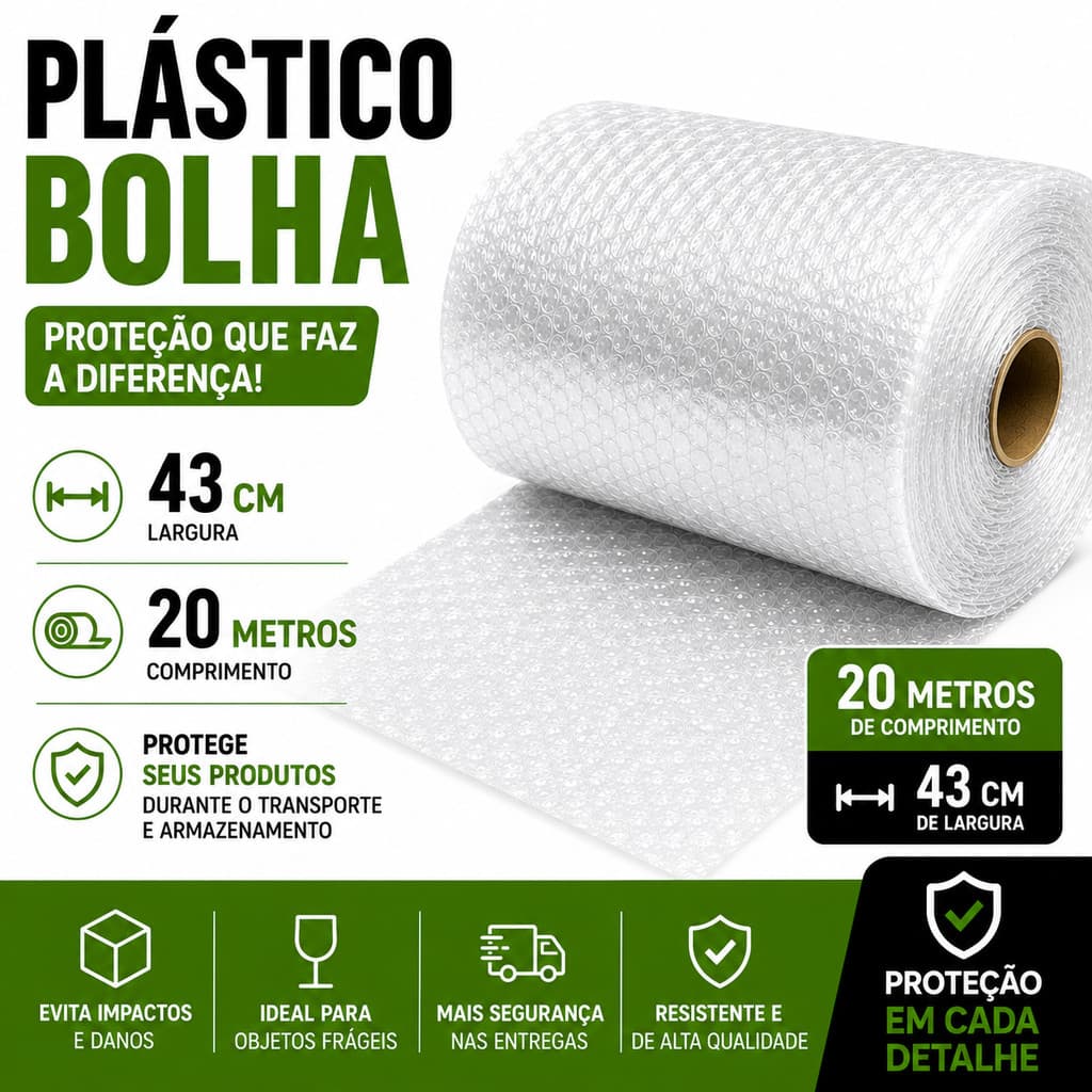 Plástico Bolha 43cm x 20 Metros Para Embalagem Proteção Mudanças Envio Objetos Frágeis