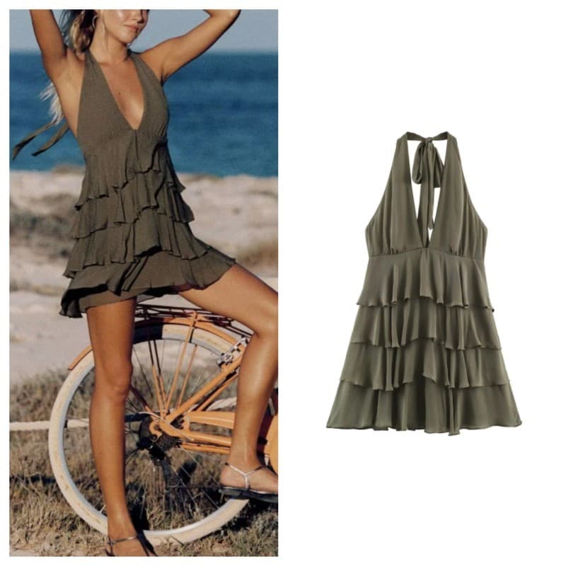 Halter Chain Sem Mangas Em Camadas Cáqui Verde Vestido Curto 4764205 7779109