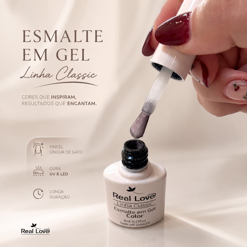 Esmalte em Gel Real Love Linha Classic 8ml Renda Cintilante UV LED Pincel Língua de Gato