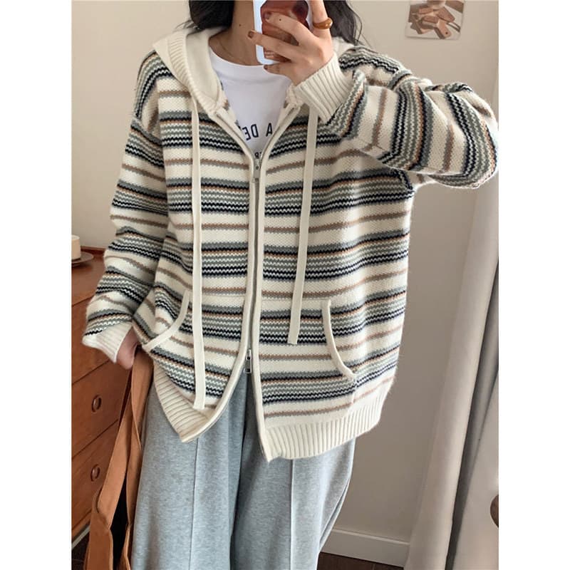 Outono feminino 2026 novo estilo primavera outono com capuz zíper camisola de malha Cardigan jaqueta feminina exterior t