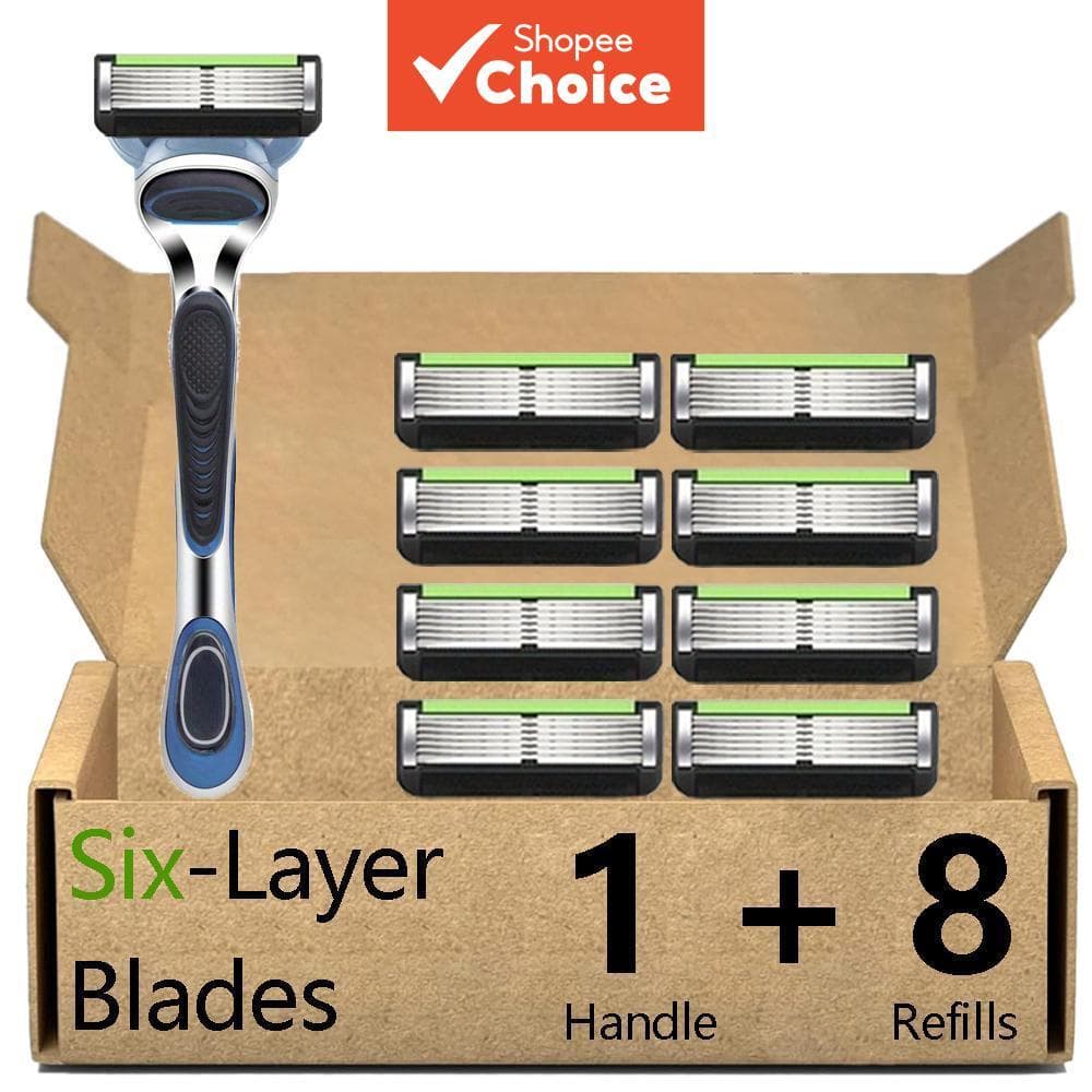 Barbeador Manual de Segurança Masculino, 1 Cabo + 8 Lâminas, Lâminas Substituíveis de 6 Camadas, Laváveis, Barbear