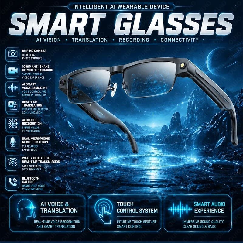 AI Óculos Inteligentes Câmera HD Embutida Microfone Duplo Redução De Ruído WiFi Bluetooth Transmissão Em Tempo Real De R