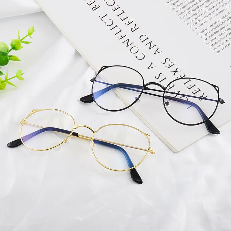 Óculos redondos para mulheres, estilo retrô com lentes planas em formato de orelha de gato, anti-luz azul.