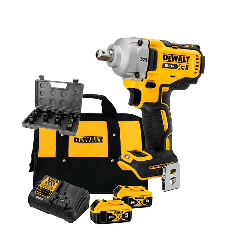 Chave de Impacto 1/2" Bateria 20V Dewalt DCF892B-B3 + 2 Baterias 5Ah + Carregador + Jogo de Soquete 10 peças