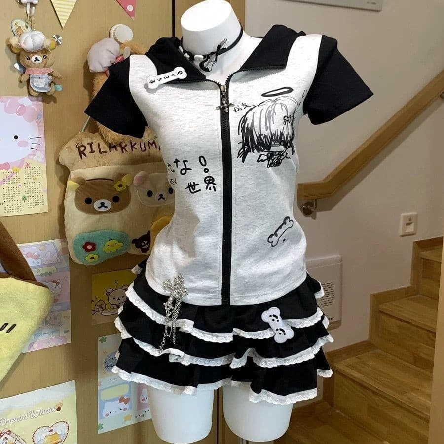 Camiseta fina estampada com designs japoneses, subcultura feminina, orelhas de gato (pão em formato de orelha). KQQO