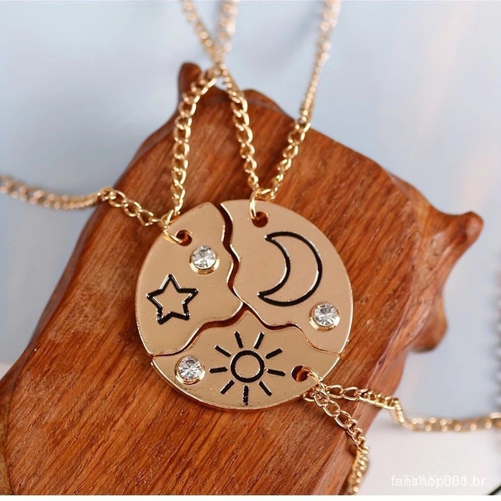Conjunto de 3 peças Colar com Pingente de Sol, Lua e Estrela Amiga Namorada Casal Joias de Moda Presente