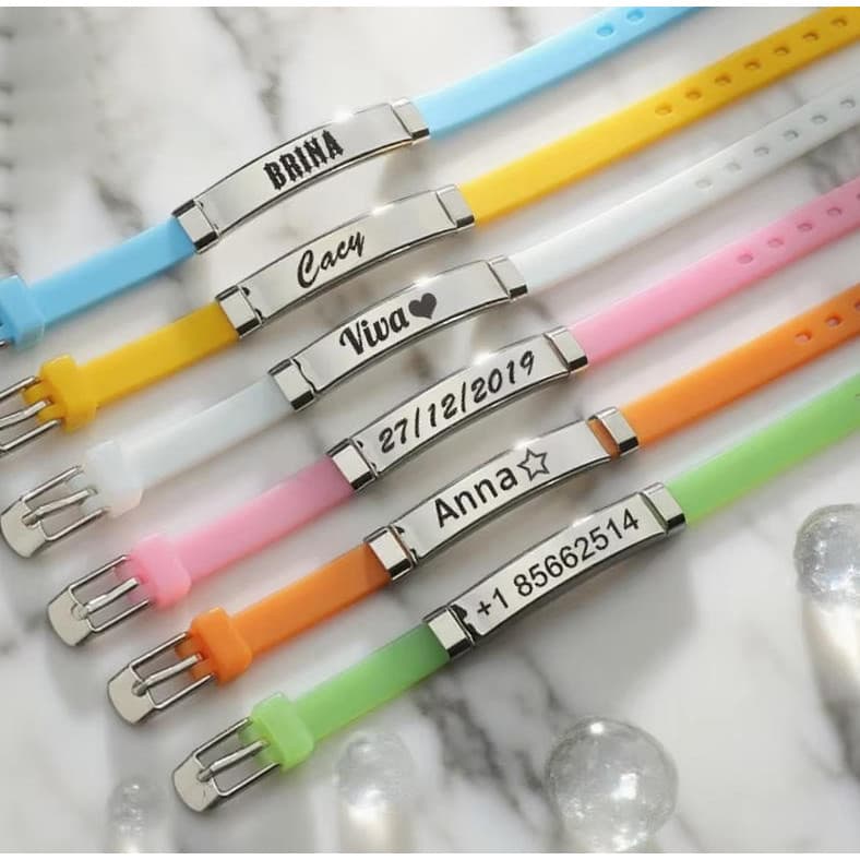 Pulseira De Silicone Nome Gravado Para Crianças Placa De Identificação De Aço Inoxidável Gravar Data Cor Ajustável Pulse