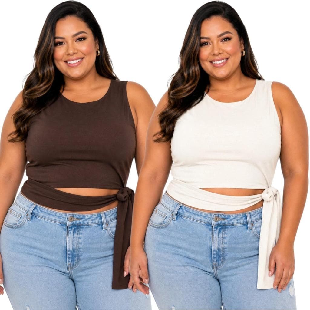 Kit Cropped Plus Size Regata Feminino em Suplex Premium Slim com Amarração Lateral Moda Casual e Gringa  38 ao 52