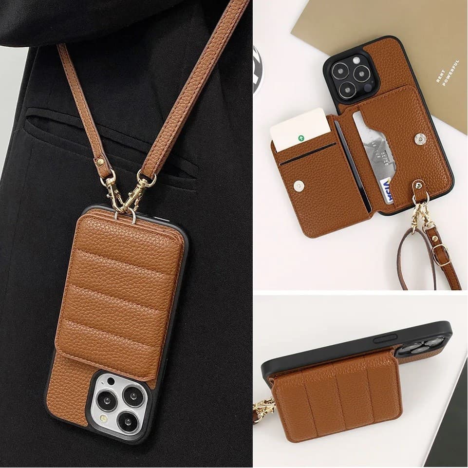 Capa De Telefone De Couro Carteira Com Alça Crossbody Para iPhone 16 Pro Max 17 Air 16e 15 Plus 14 13 12 11 Promax Botão