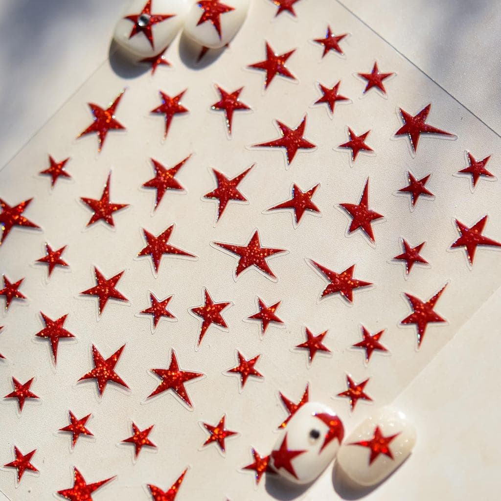 Adesivos de Unhas em Forma de Estrela Vermelha, Decalques de Unhas Vermelhas, Adesivos de Unhas 3D em Relevo, Autoadesiv