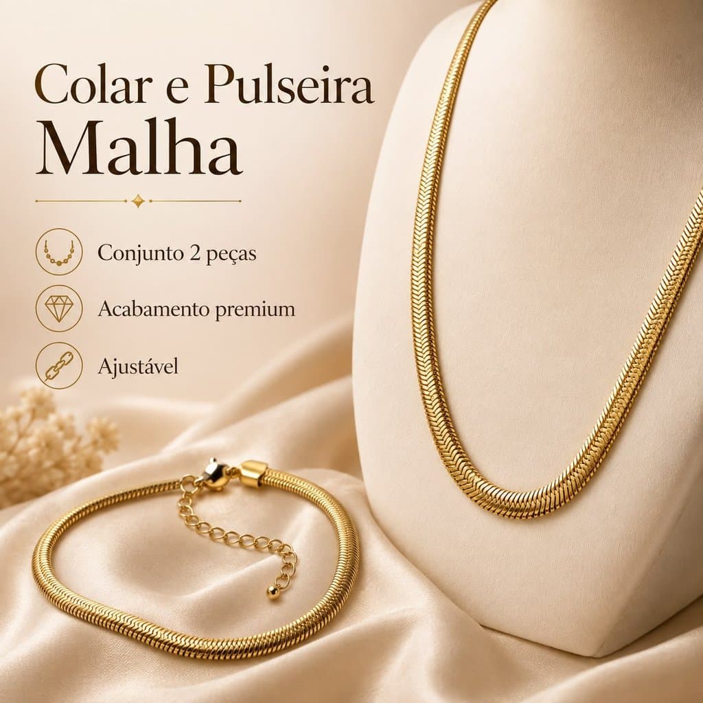 Kit Colar e Pulseira Feminino Malha Ajustável Dourado ou Prata Conjunto 2 Peças