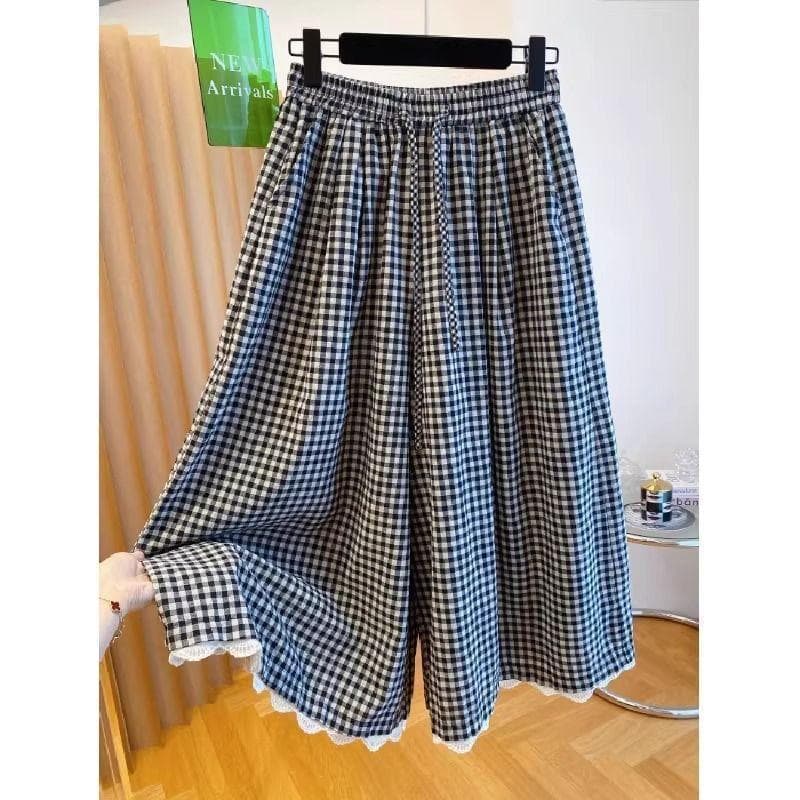[Promoção por tempo limitado] Calças casuais xadrez com acabamento em renda de verão de tamanho grande, calças grandes,