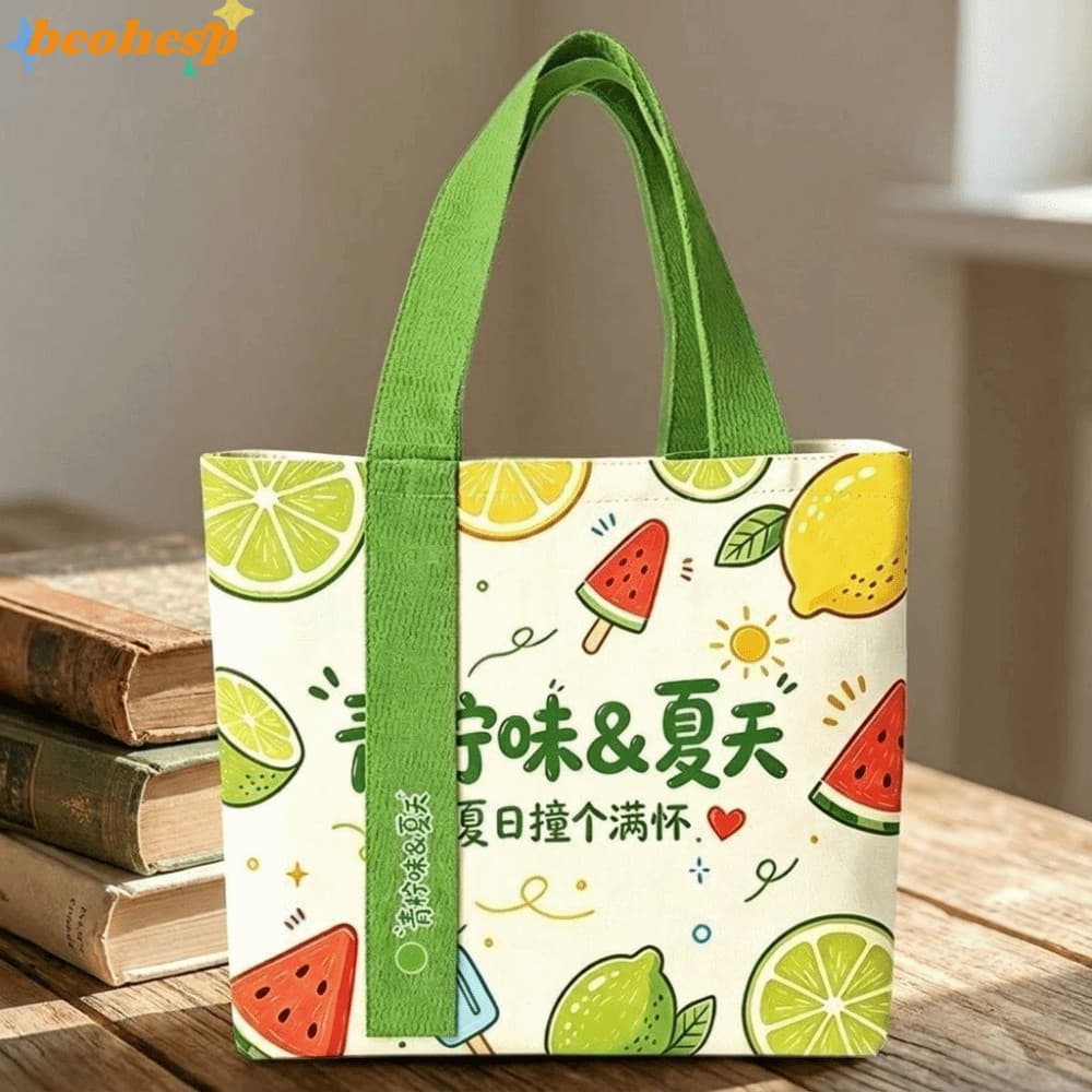 Bolsa De Ombro BEOHESP , Sacola De Lona De Grande Capacidade Com Fundo Plano , Alças Superiores Em Estampa De Frutas