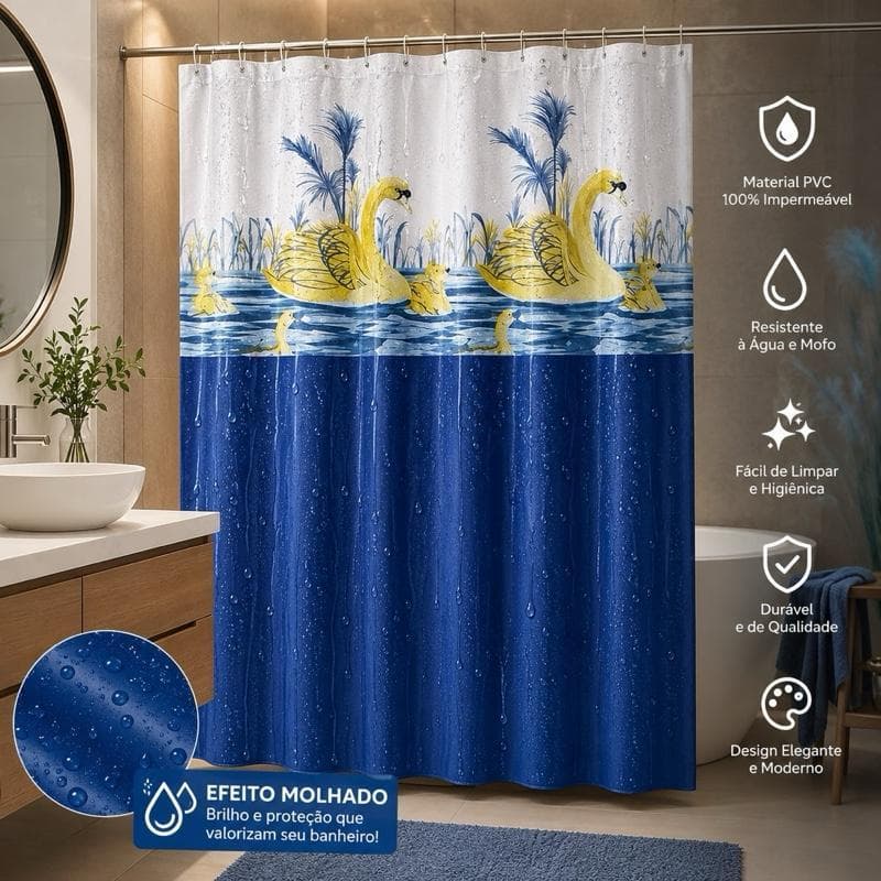 Cortina Box Banheiro PVC Impermeável Decorativa Cisnes Ilhós Reforçado Lavável Anti Mofo Premium