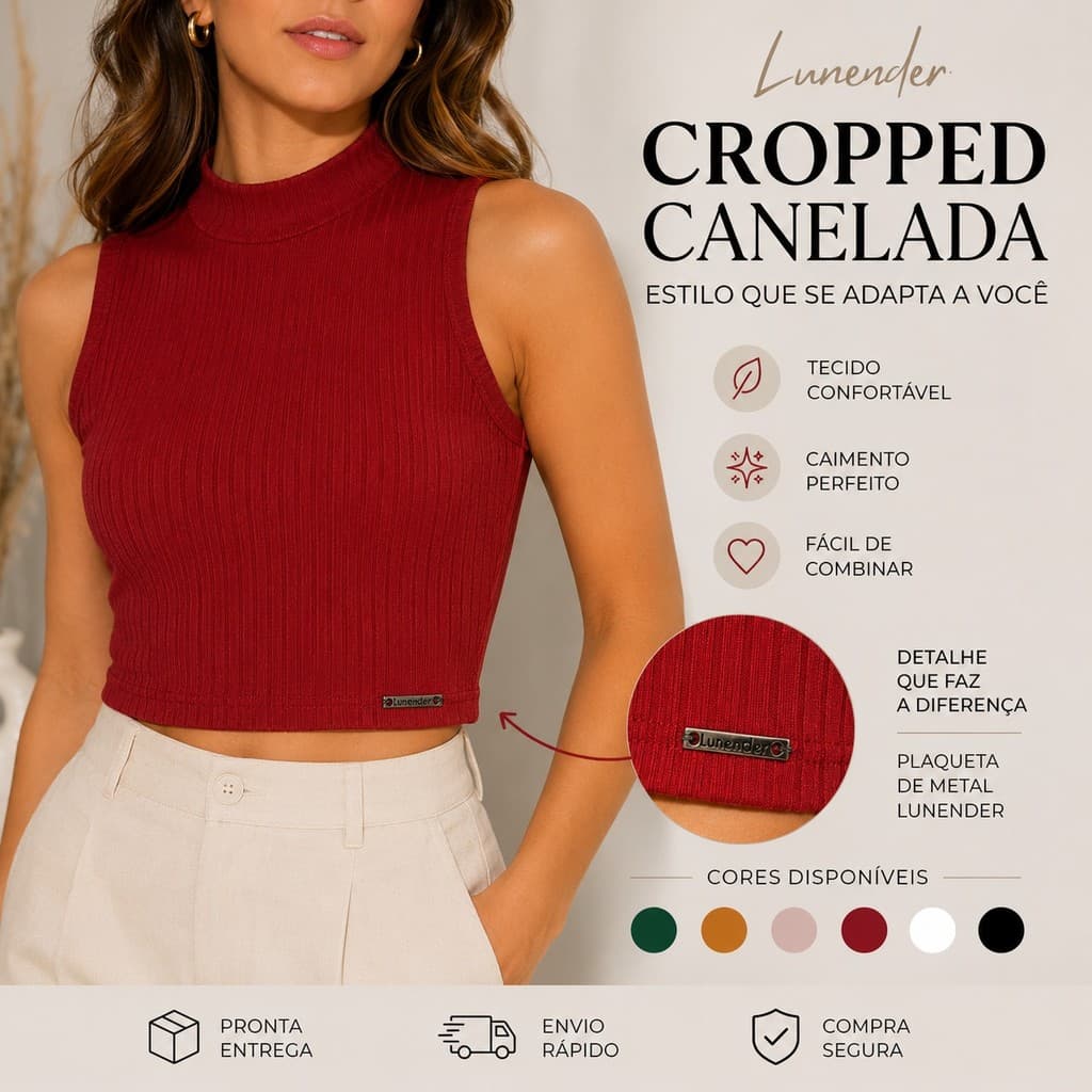Blusa Cropped Canelada Feminina Lunender - Sem Manga Gola Alta ref.571 Tecido Confortável