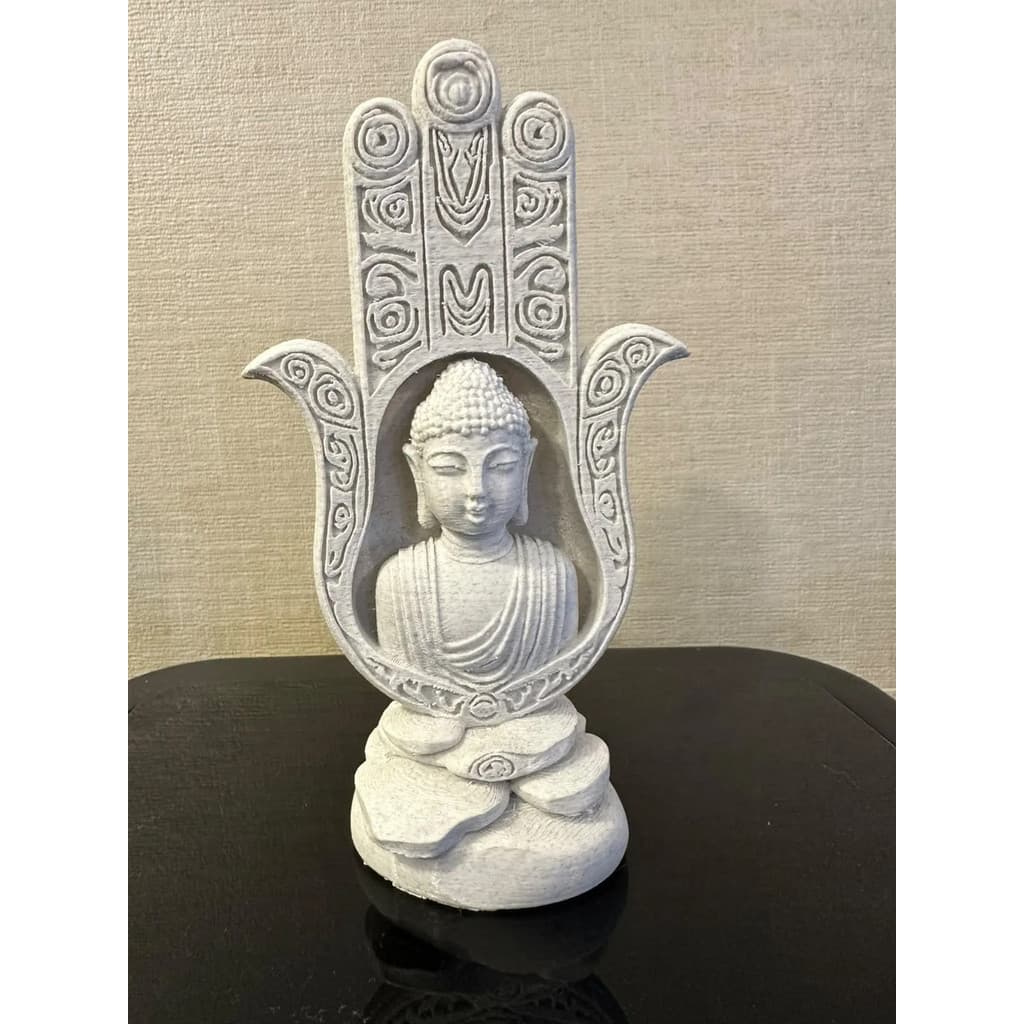 Mão de Fátima Hamsá Buda 18cm Escultura Decorativa Zen Feng Shui Efeito Mármore