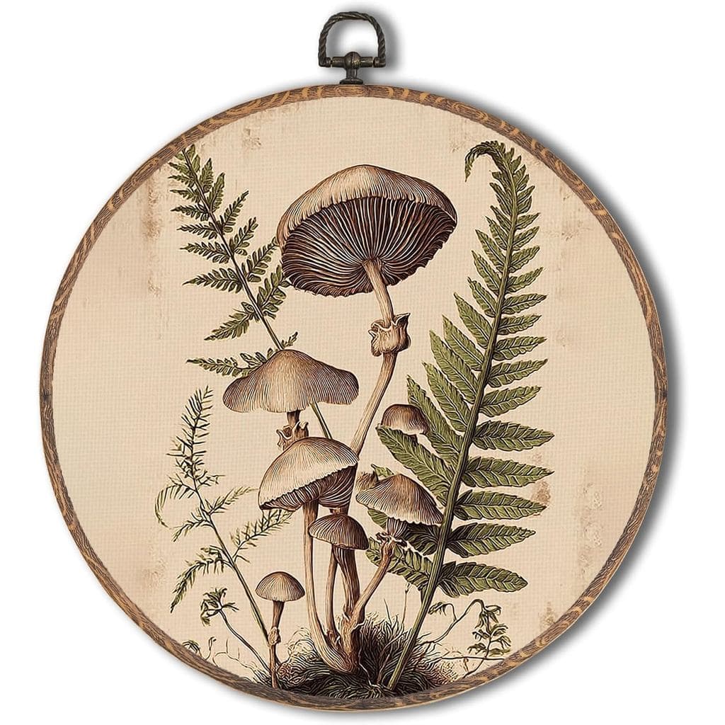 Tzhim Vintage Moody Mushroom Round Wall Art, Dark Academia Mushroom Round Wall Decor Framed, Rustic Cottagecore Botanica