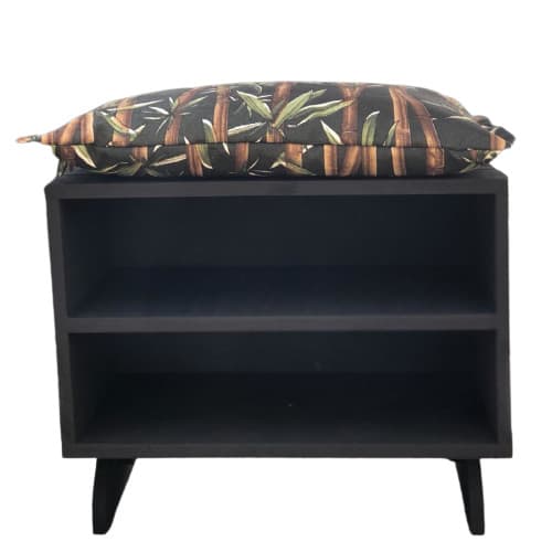 Puff Sapateira Black Almofada Bambu 40x40 Madeira 4 Pares