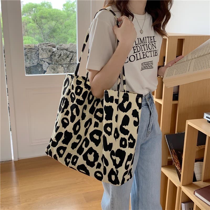 Sacola De Lona Com Estampa De Leopardo – Bolsa De Ombro De Grande Capacidade Para Estudantes