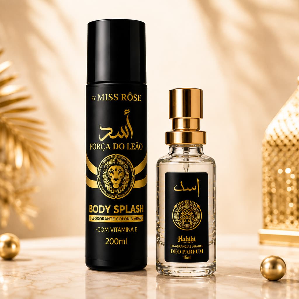 Kit Perfume + Body Splash Inspiração Árabe Força do Leão | Body Splash 200ml + Mini Perfume Árabe 15ml